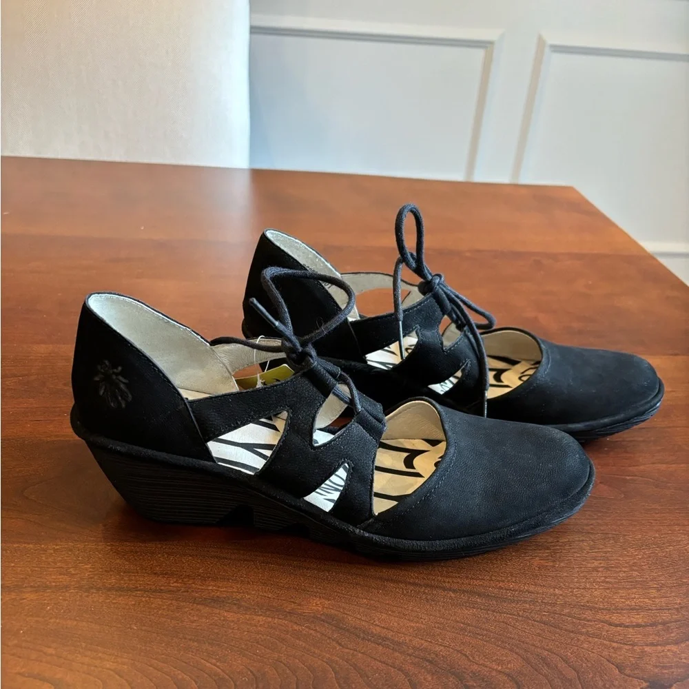 SALE 🔥 Fly London Wedge Suede Leather Black Lace Up Dress Shoes, Poma,Women’s 38 - Picture 3 of 16